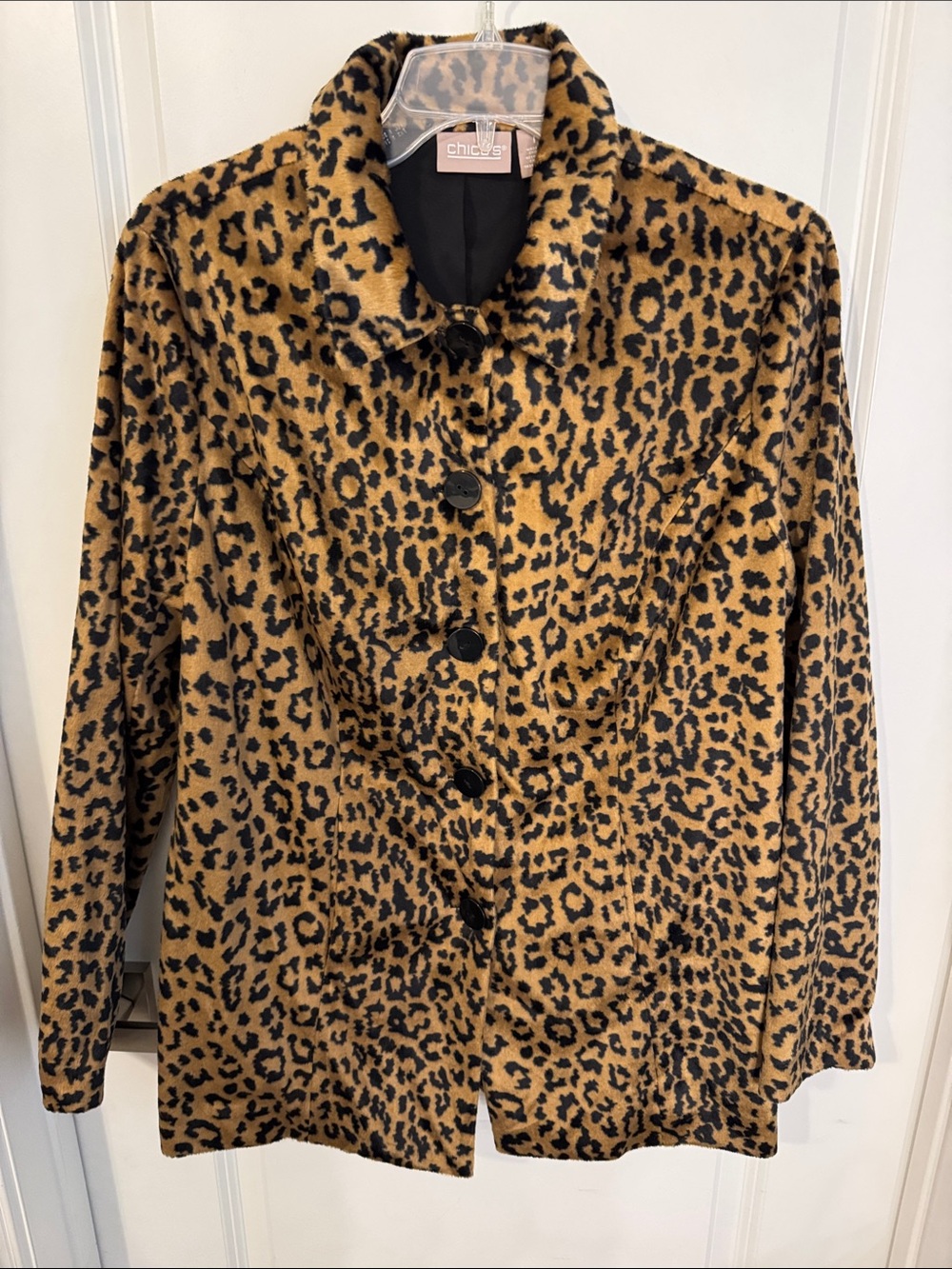 Chico's Leopard-Print Button Front Pea Coat in Tan and Black
